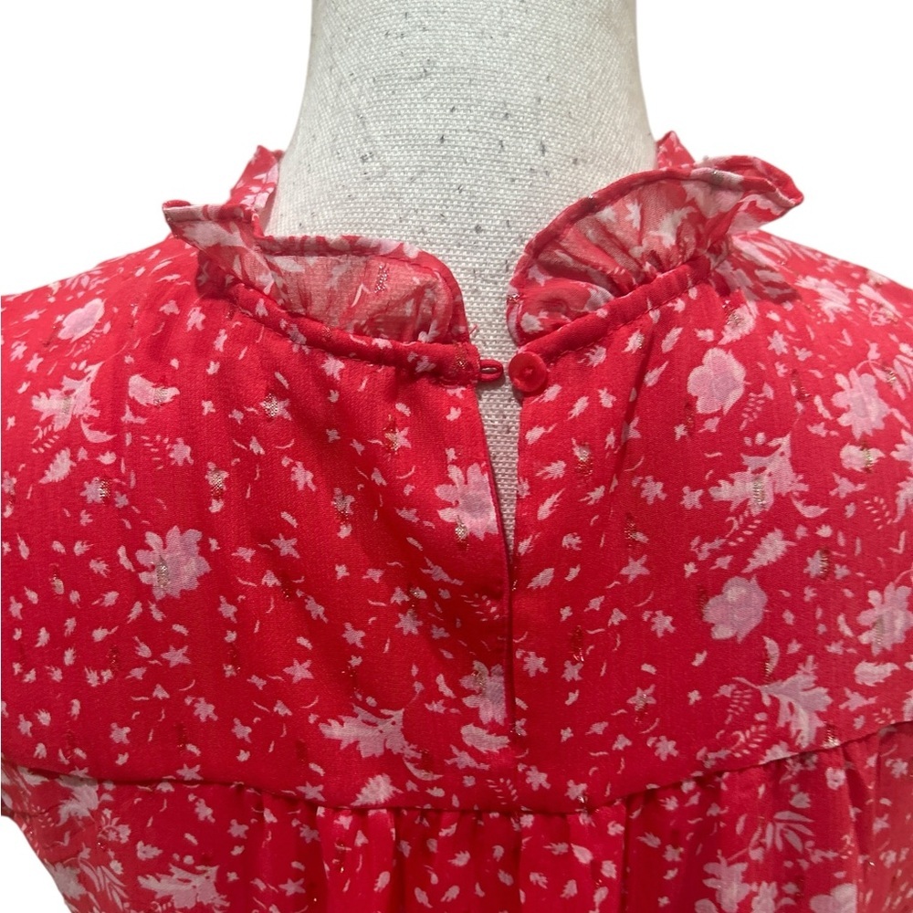 Joie cranberry pink chiffon Floral ruffle neck short sleeve Blouse size small - Picture 6 of 10